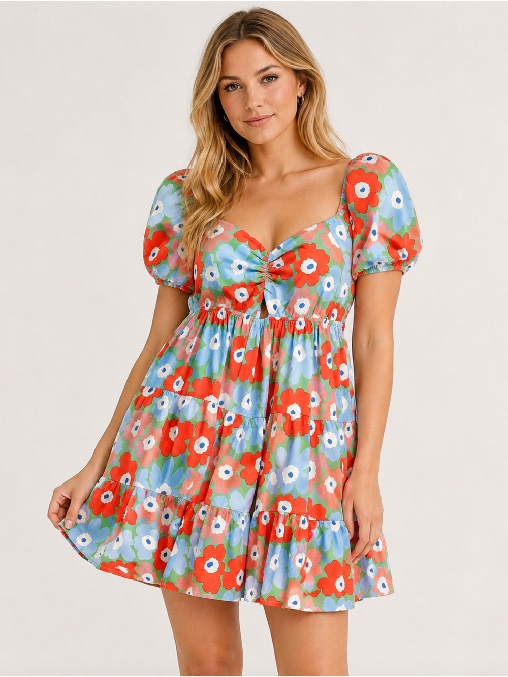 Altarād State Colorful Poppy Floral Puff Sleeve Smocked Mini Dress